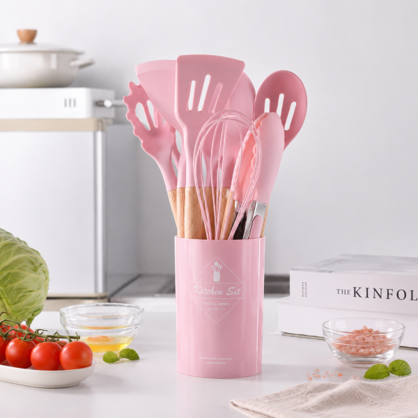Silicone Kitchen Utensil Set — Wooden Handle Cooking Tools