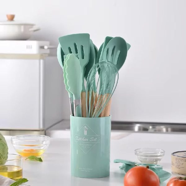 Silicone Kitchen Utensil Set — Wooden Handle Cooking Tools