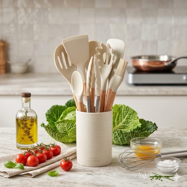 Silicone Kitchen Utensil Set — Wooden Handle Cooking Tools