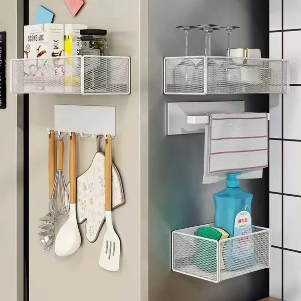 Magnetic Fridge Organizer Rack — Spice Shelf with Hooks